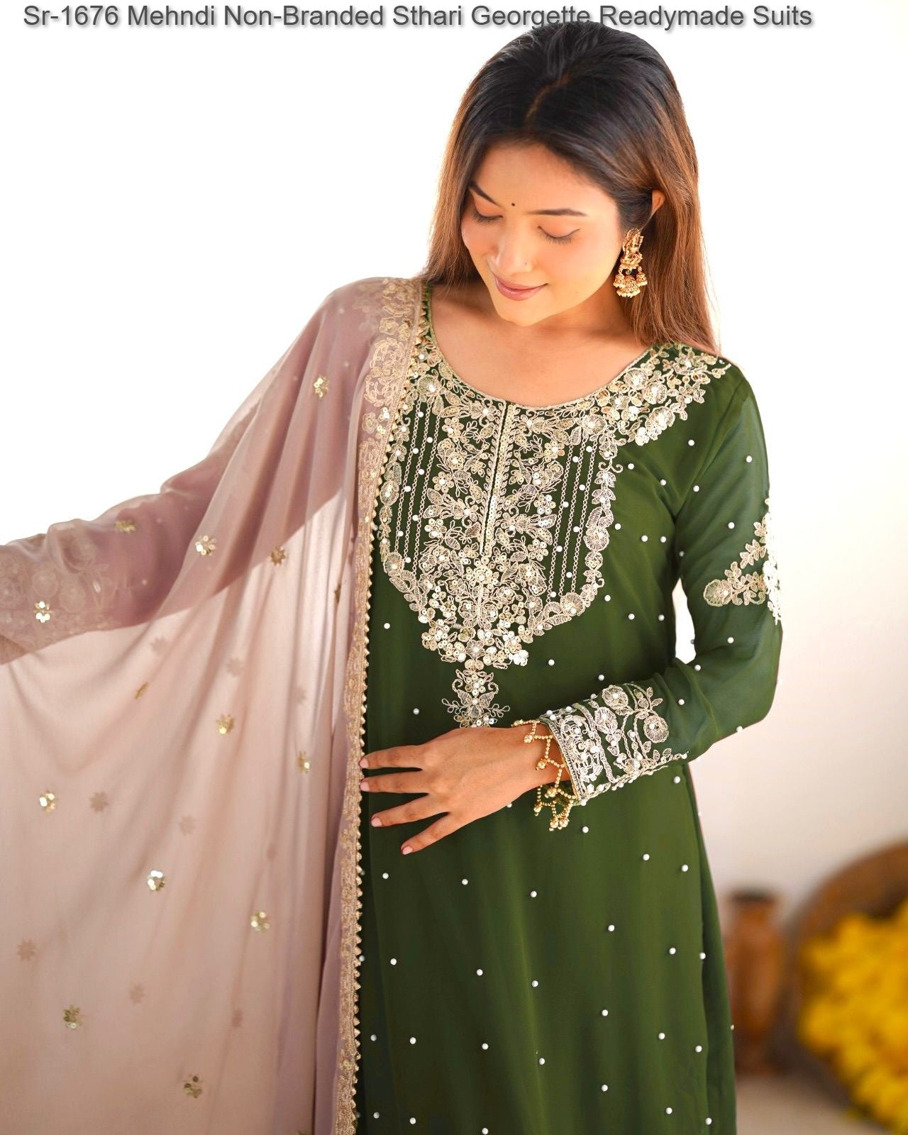 Sr-1676 Mehndi Non-Branded Sthari Georgette Readymade Suits