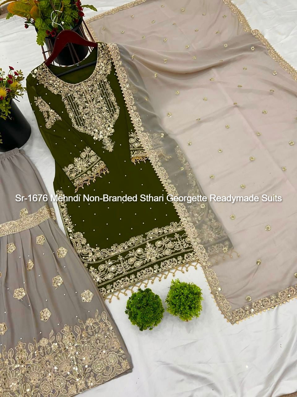 Sr-1676 Mehndi Non-Branded Sthari Georgette Readymade Suits