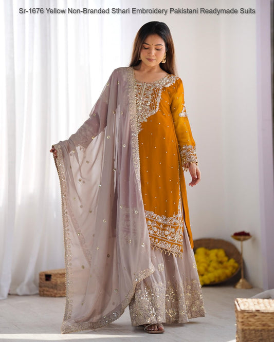 Sr-1676 Yellow Non-Branded Sthari Embroidery Pakistani Readymade Suits