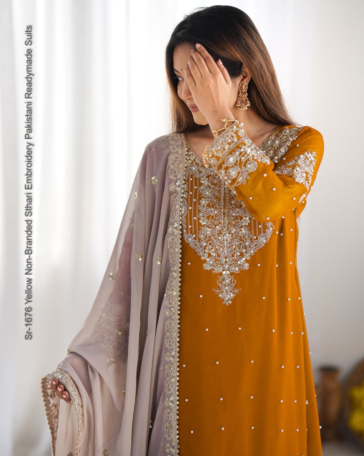 Sr-1676 Yellow Non-Branded Sthari Embroidery Pakistani Readymade Suits