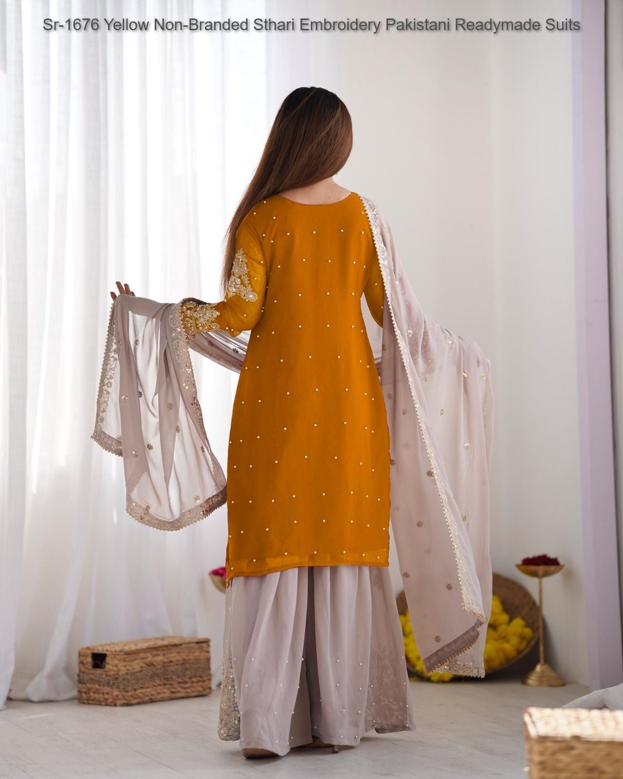 Sr-1676 Yellow Non-Branded Sthari Embroidery Pakistani Readymade Suits