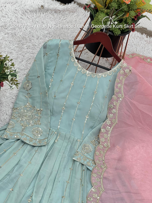Sr-1677 Sky Blue Non-Branded Sthari Georgette Kurti Skirt Set