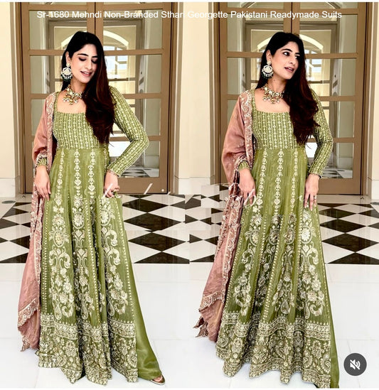 Sr-1680 Mehndi Non-Branded Sthari Georgette Pakistani Readymade Suits