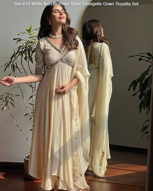 Ssc-615 White Non-Branded Stssc Georgette Gown Dupatta Set