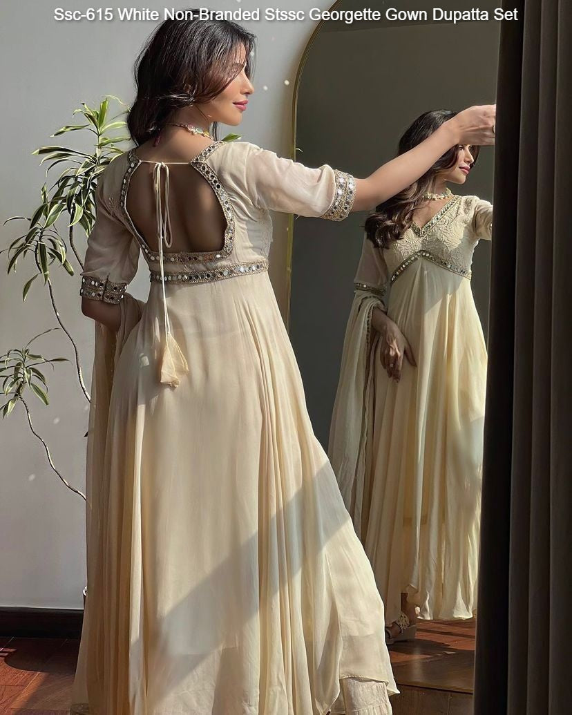 Ssc-615 White Non-Branded Stssc Georgette Gown Dupatta Set