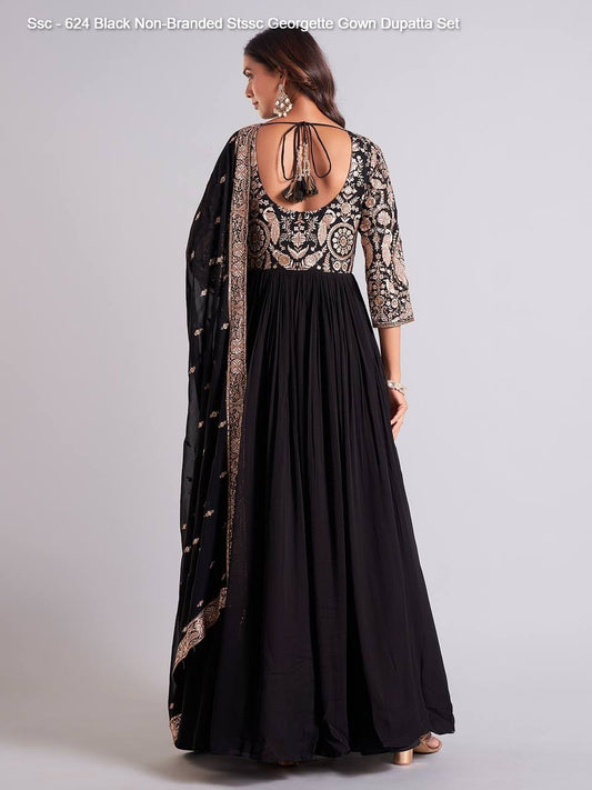 Ssc - 624 Black Non-Branded Stssc Georgette Gown Dupatta Set
