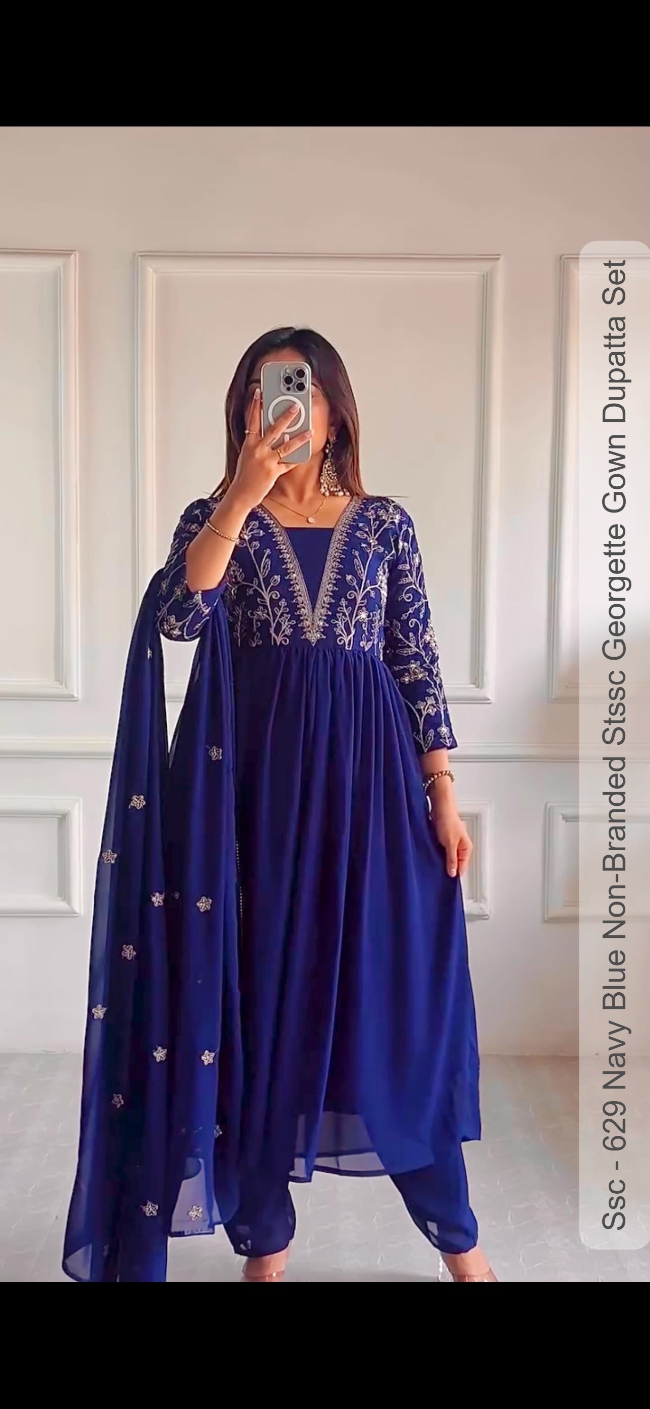Ssc - 629 Navy Blue Non-Branded Stssc Georgette Gown Dupatta Set