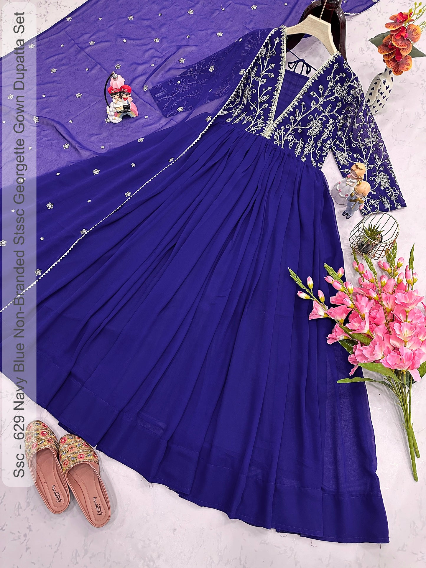 Ssc - 629 Navy Blue Non-Branded Stssc Georgette Gown Dupatta Set