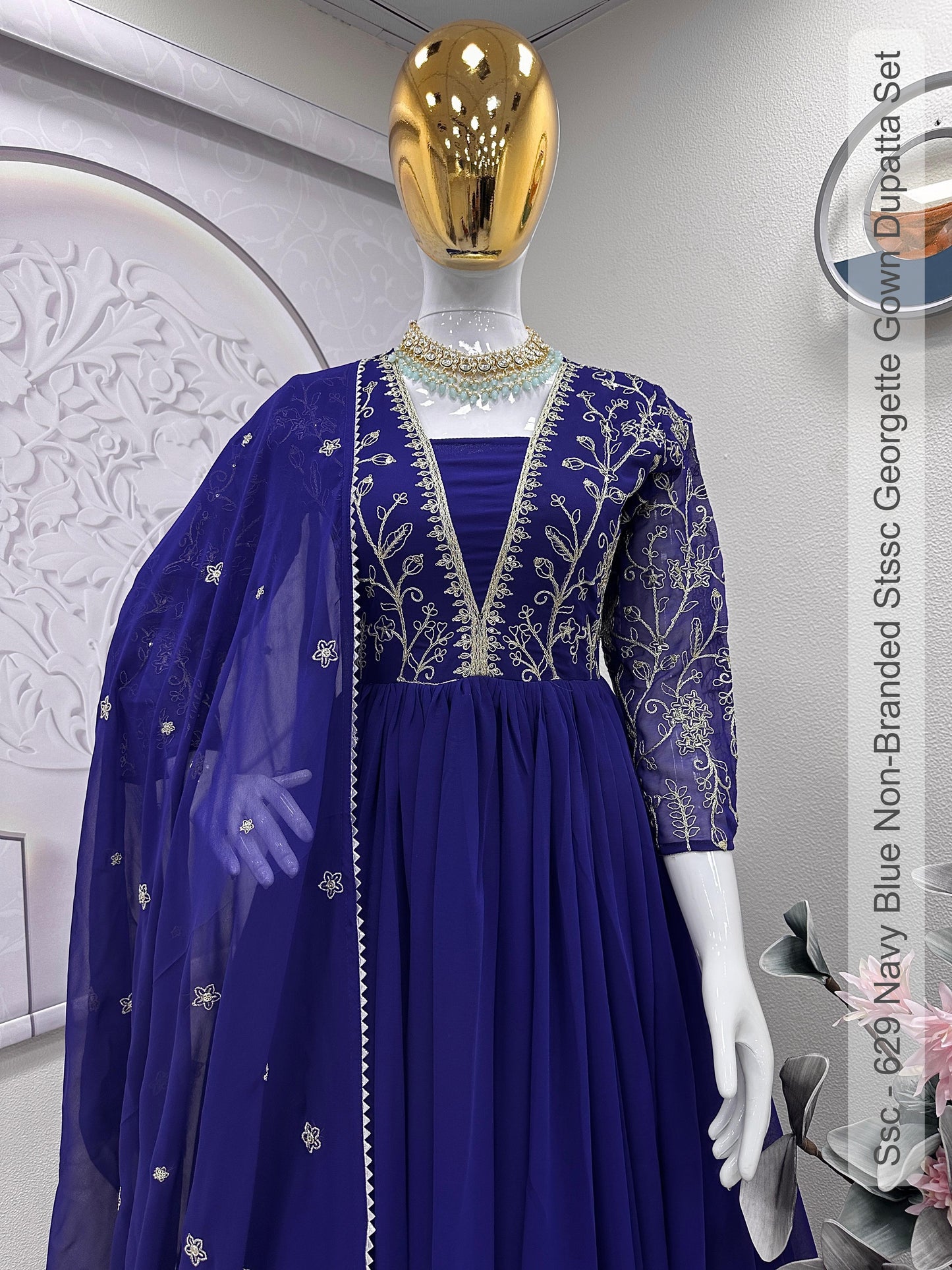 Ssc - 629 Navy Blue Non-Branded Stssc Georgette Gown Dupatta Set