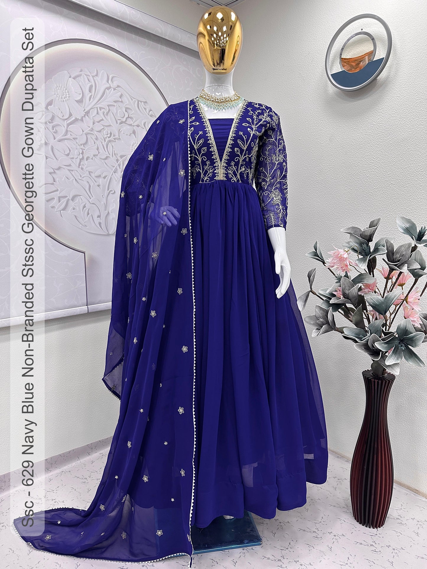 Ssc - 629 Navy Blue Non-Branded Stssc Georgette Gown Dupatta Set