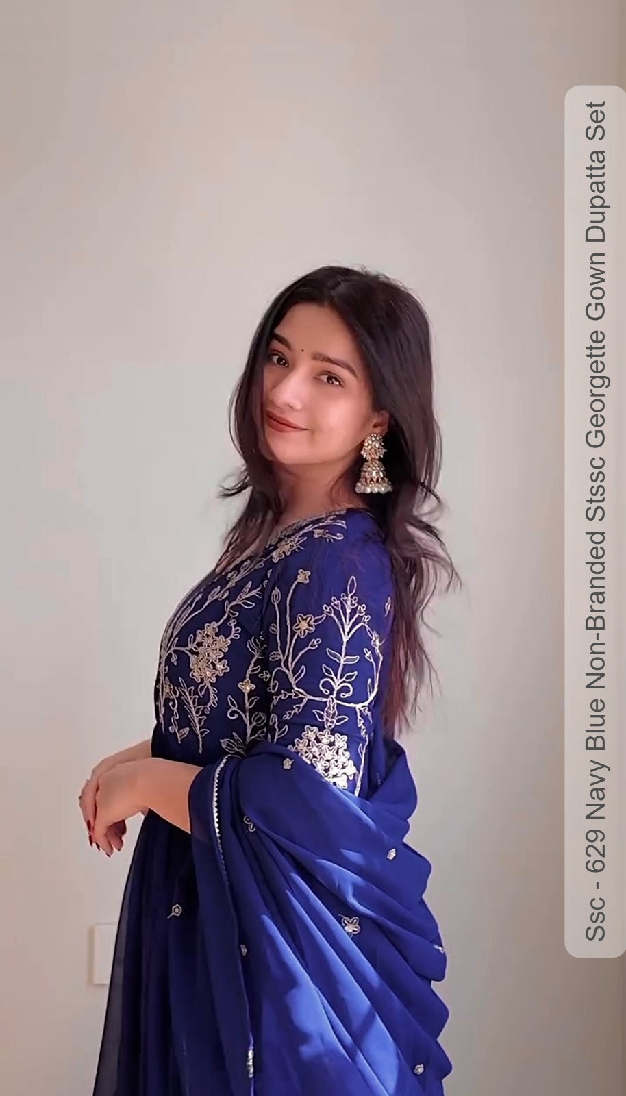 Ssc - 629 Navy Blue Non-Branded Stssc Georgette Gown Dupatta Set