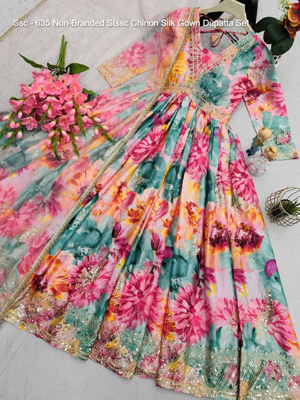 Ssc - 635 Non-Branded Stssc Chinon Silk Gown Dupatta Set