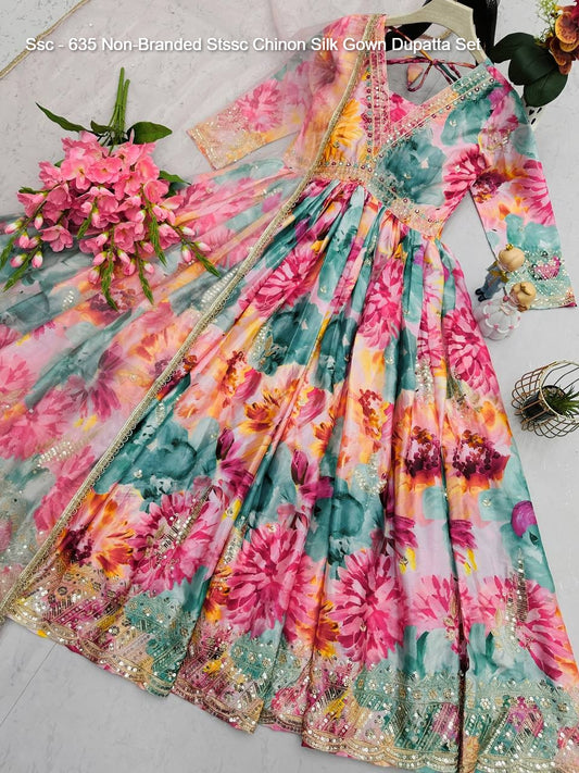 Ssc - 635 Non-Branded Stssc Chinon Silk Gown Dupatta Set