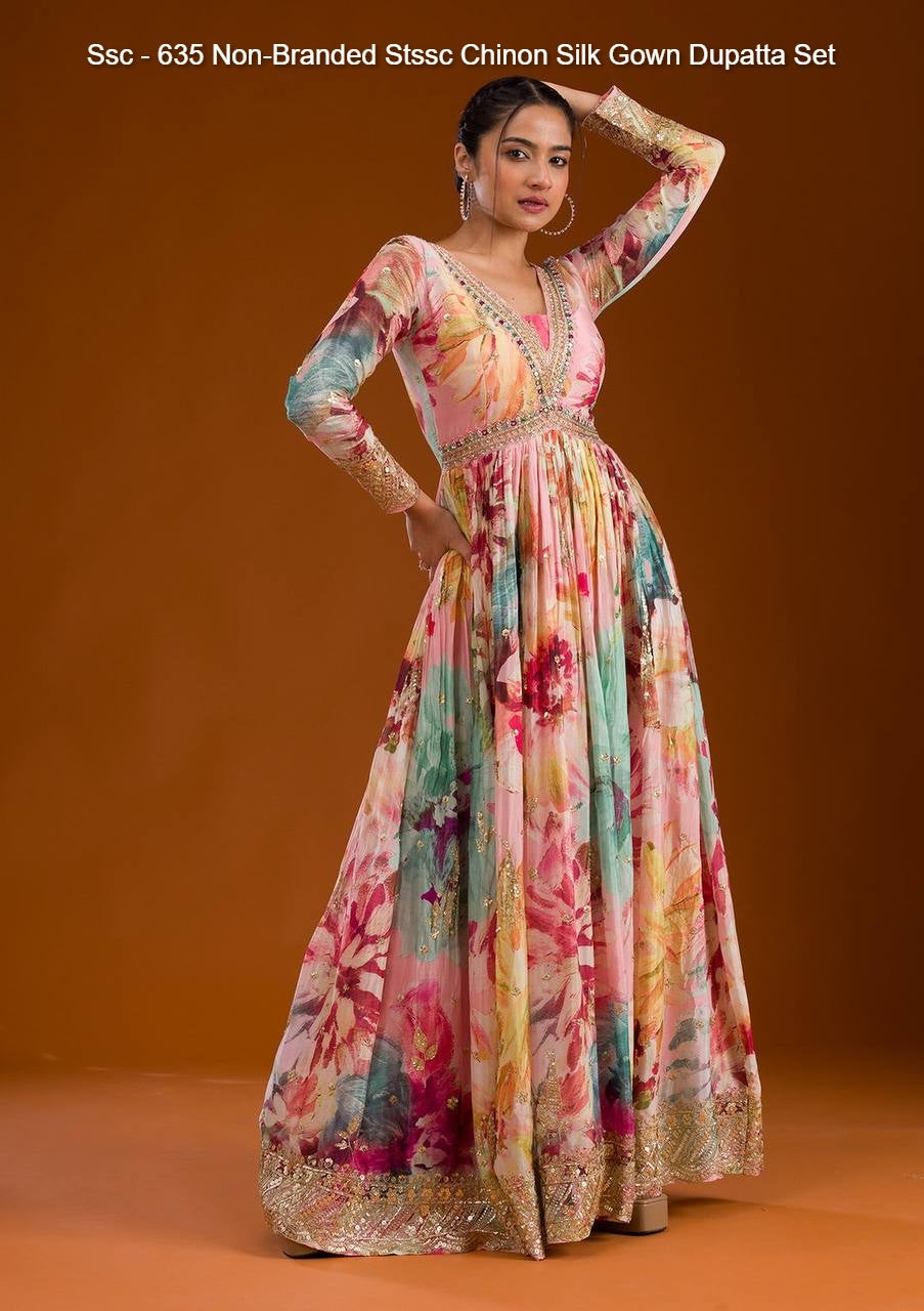 Ssc - 635 Non-Branded Stssc Chinon Silk Gown Dupatta Set