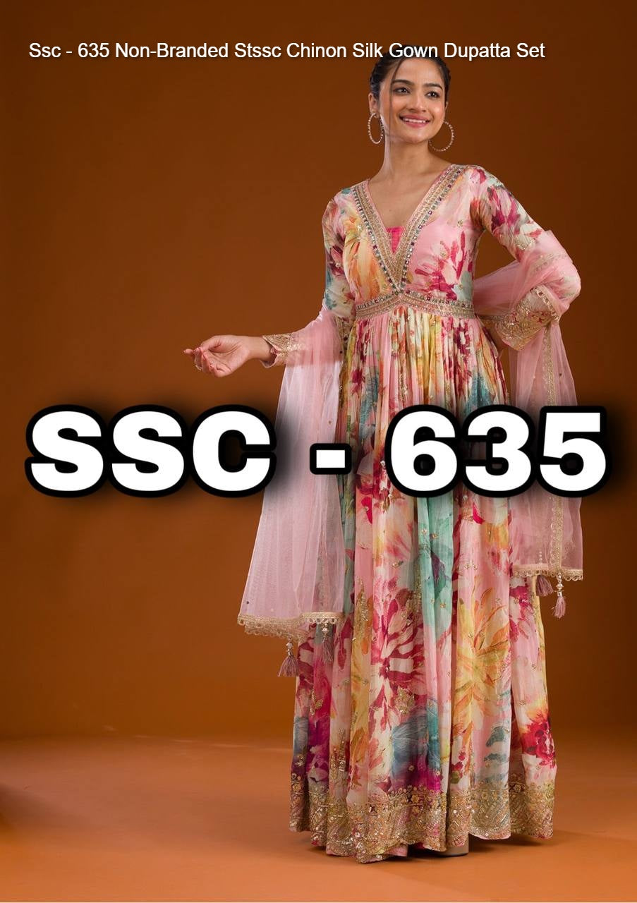 Ssc - 635 Non-Branded Stssc Chinon Silk Gown Dupatta Set