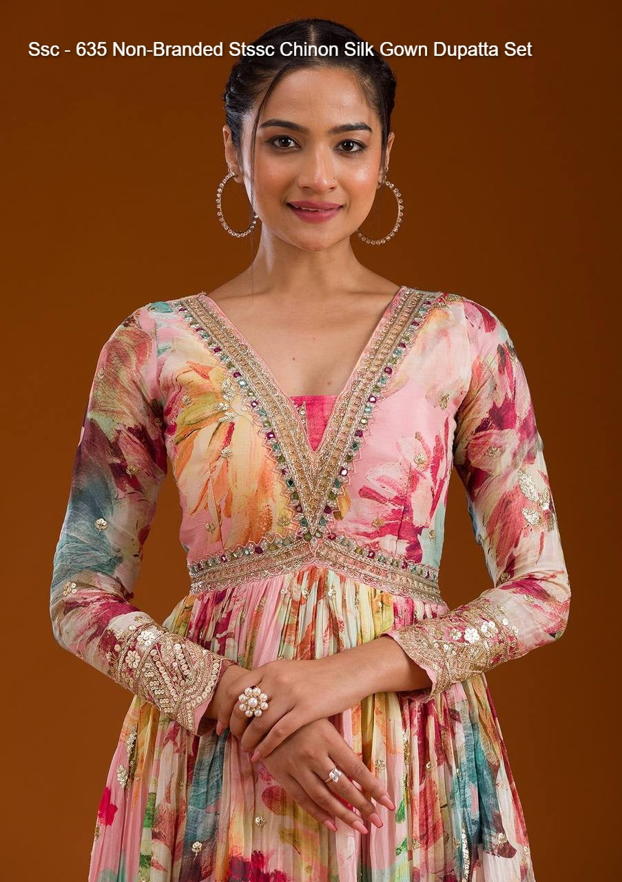 Ssc - 635 Non-Branded Stssc Chinon Silk Gown Dupatta Set