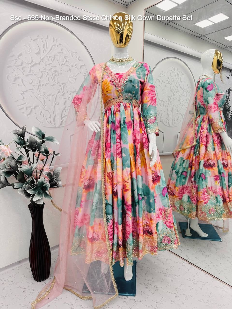 Ssc - 635 Non-Branded Stssc Chinon Silk Gown Dupatta Set