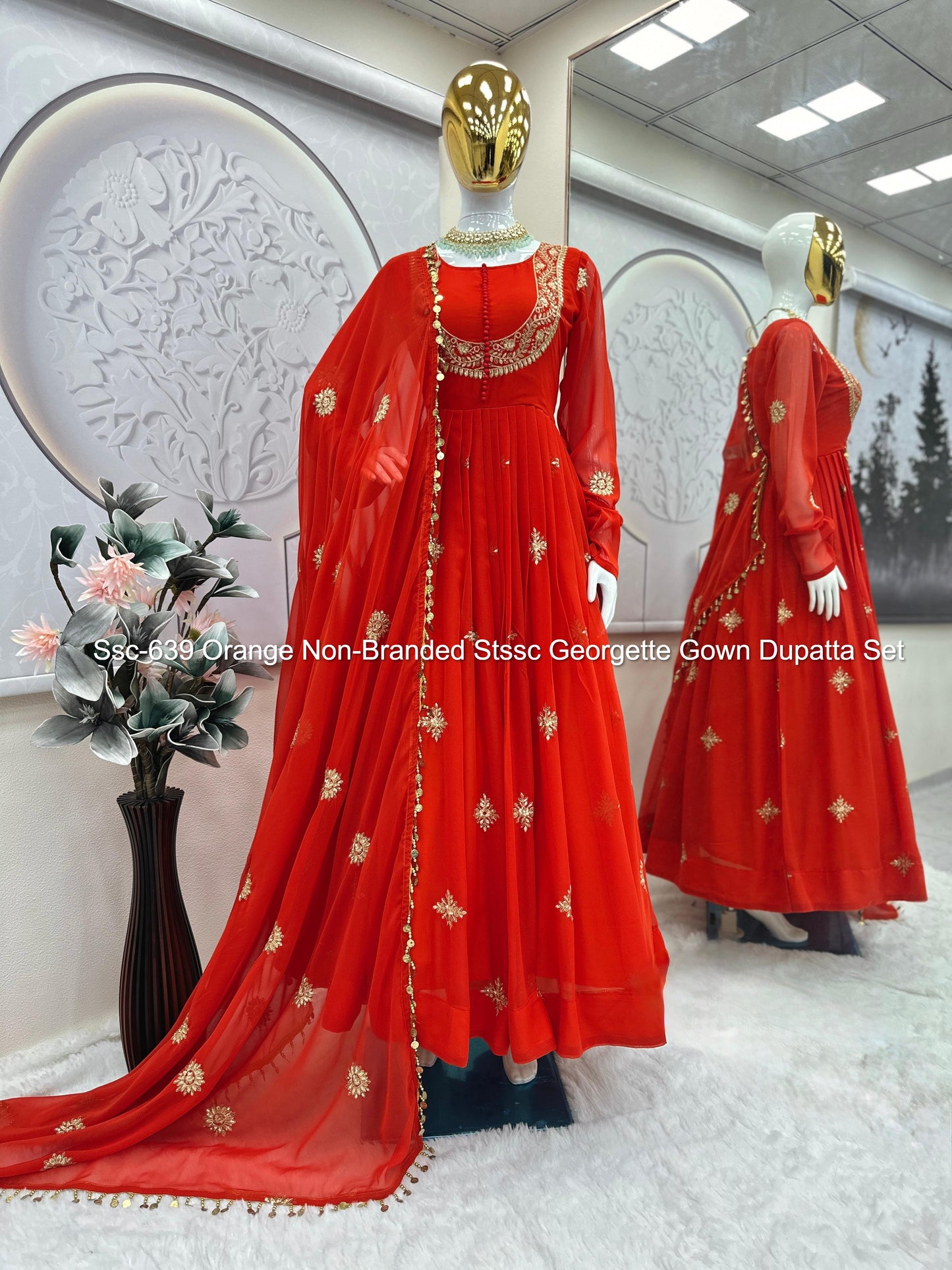Ssc-639 Orange Non-Branded Stssc Georgette Gown Dupatta Set