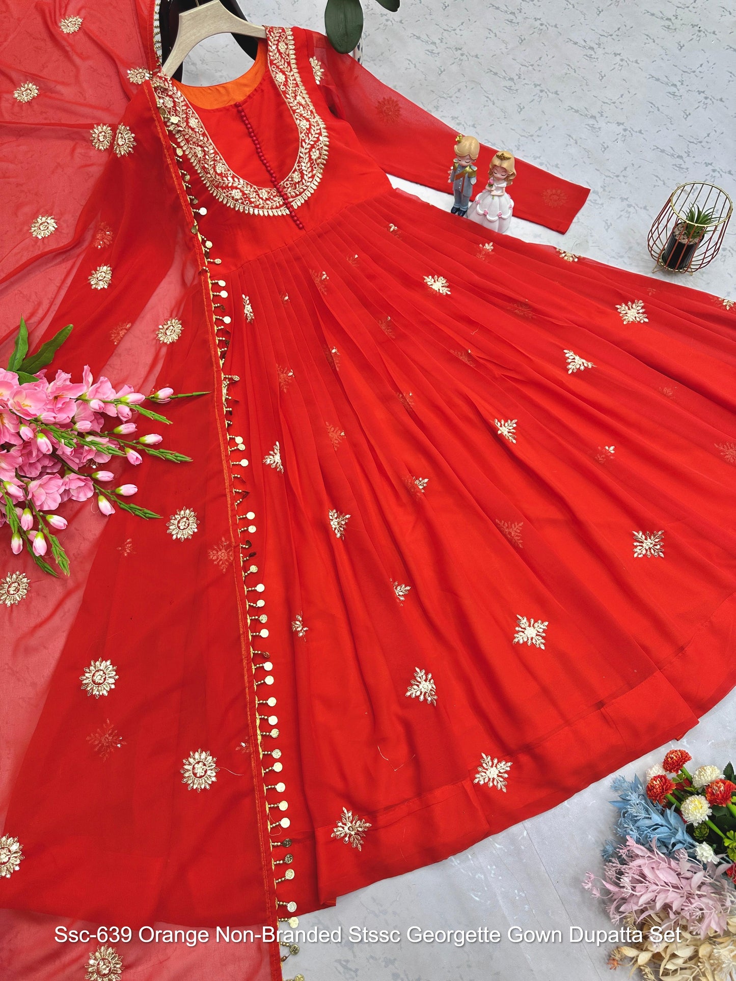 Ssc-639 Orange Non-Branded Stssc Georgette Gown Dupatta Set