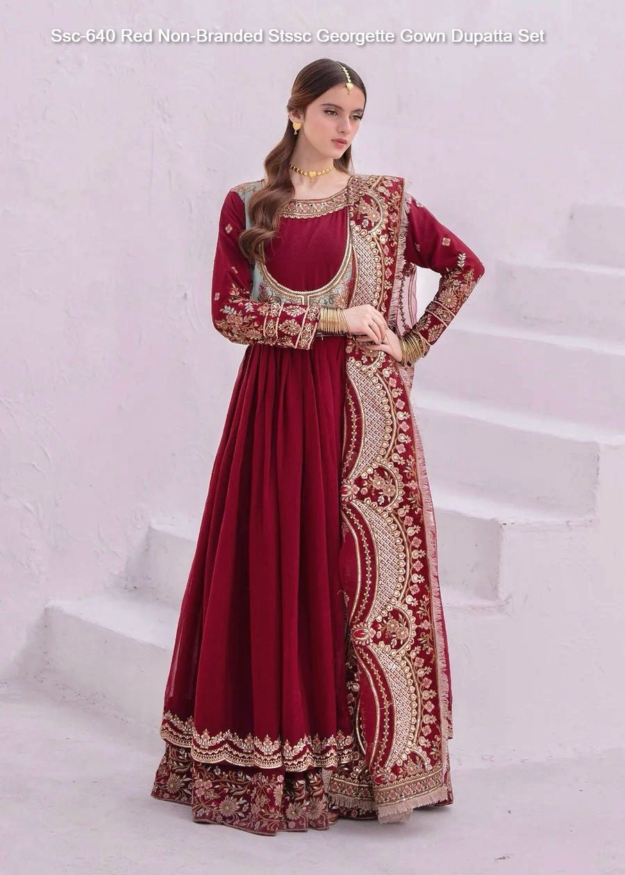 Ssc-640 Red Non-Branded Stssc Georgette Gown Dupatta Set