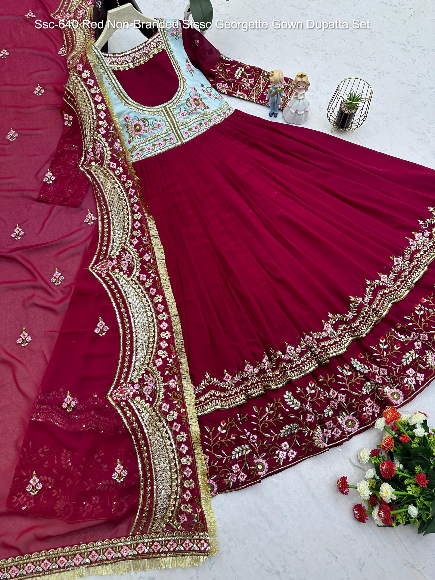 Ssc-640 Red Non-Branded Stssc Georgette Gown Dupatta Set