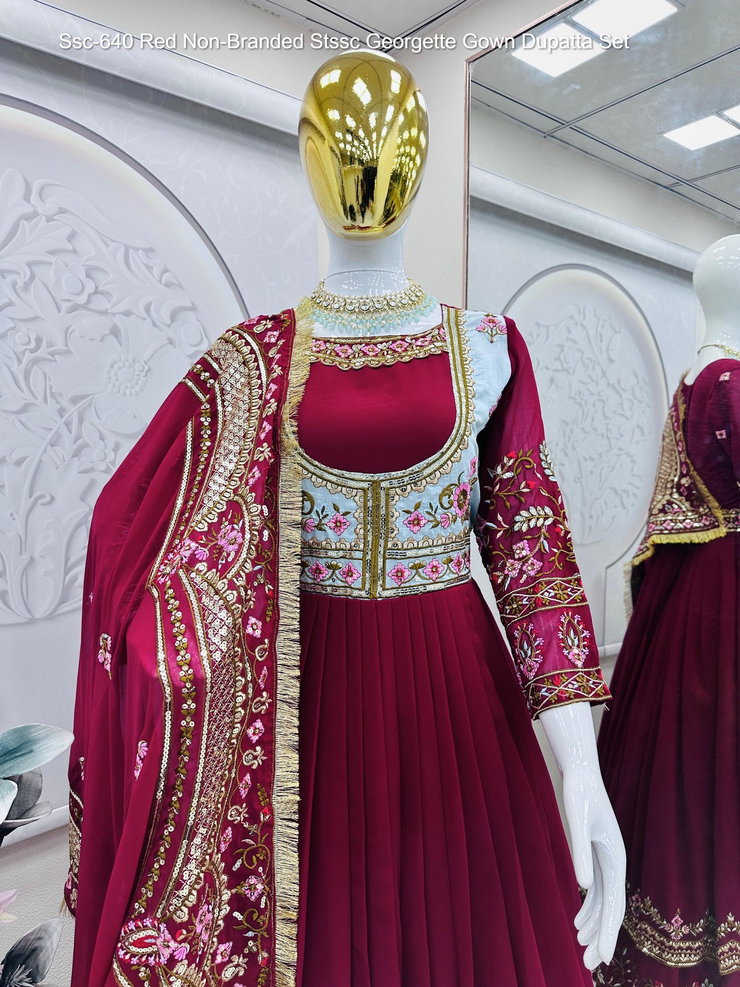 Ssc-640 Red Non-Branded Stssc Georgette Gown Dupatta Set