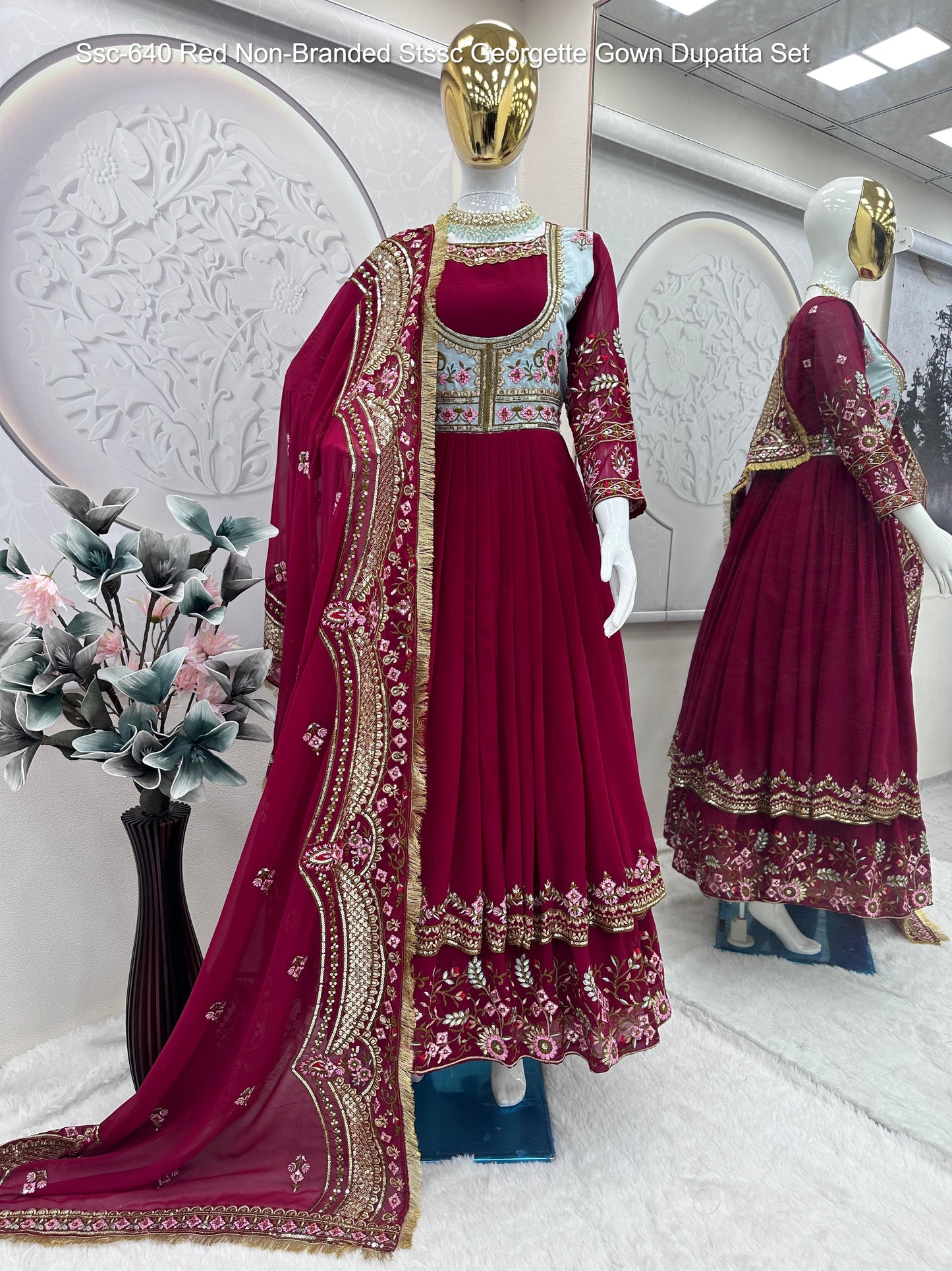 Ssc-640 Red Non-Branded Stssc Georgette Gown Dupatta Set