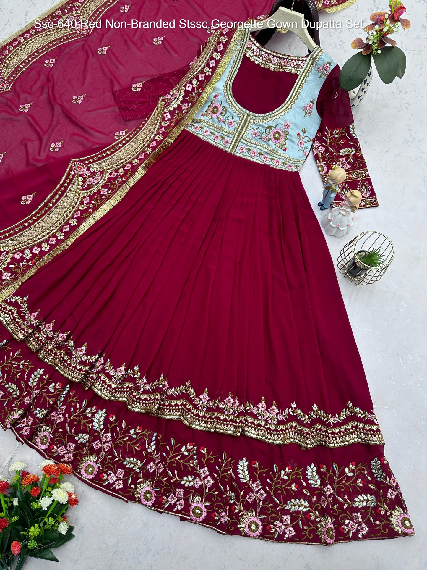 Ssc-640 Red Non-Branded Stssc Georgette Gown Dupatta Set