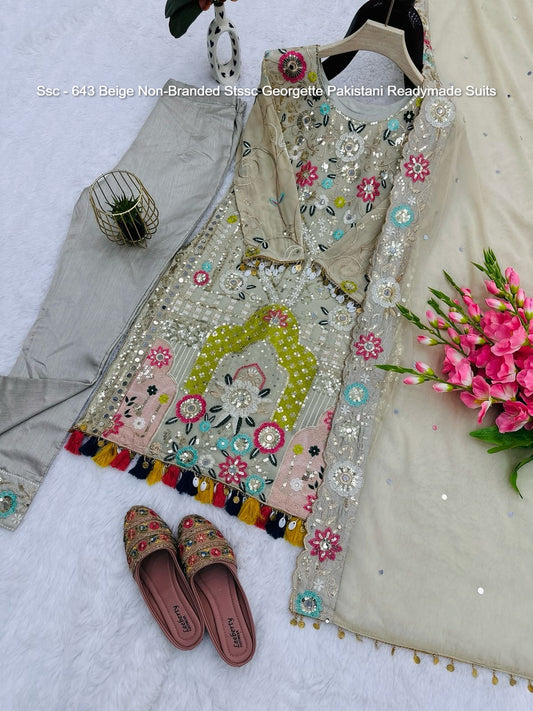 Ssc - 643 Beige Non-Branded Stssc Georgette Pakistani Readymade Suits