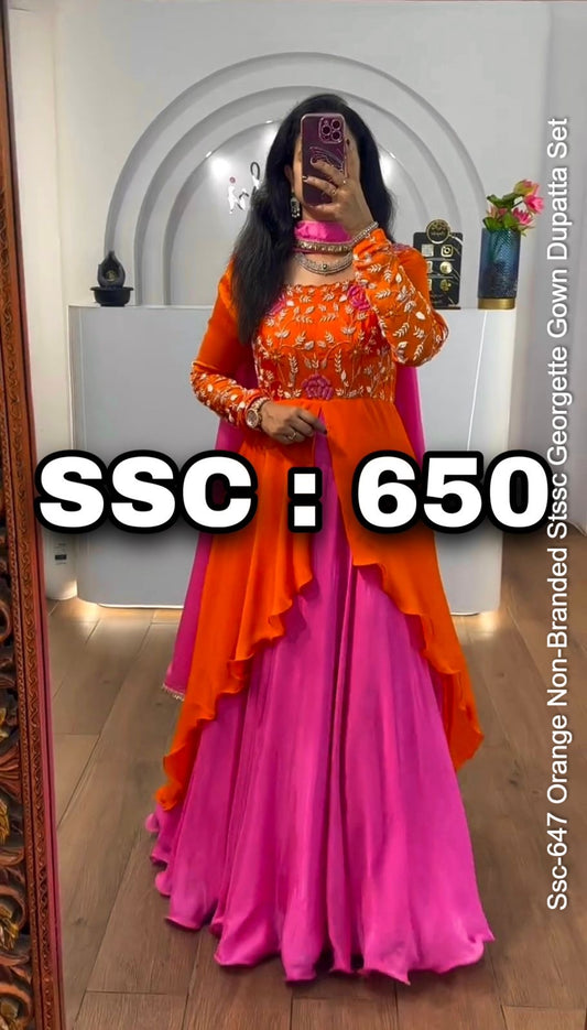 Ssc-647 Orange Non-Branded Stssc Georgette Gown Dupatta Set