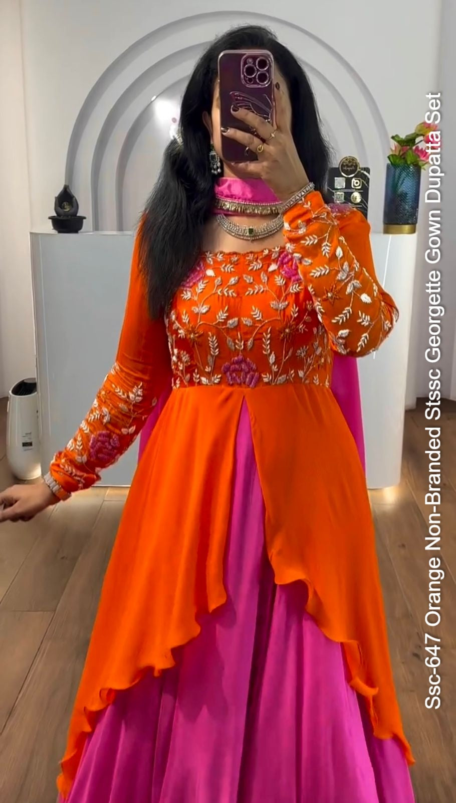 Ssc-647 Orange Non-Branded Stssc Georgette Gown Dupatta Set