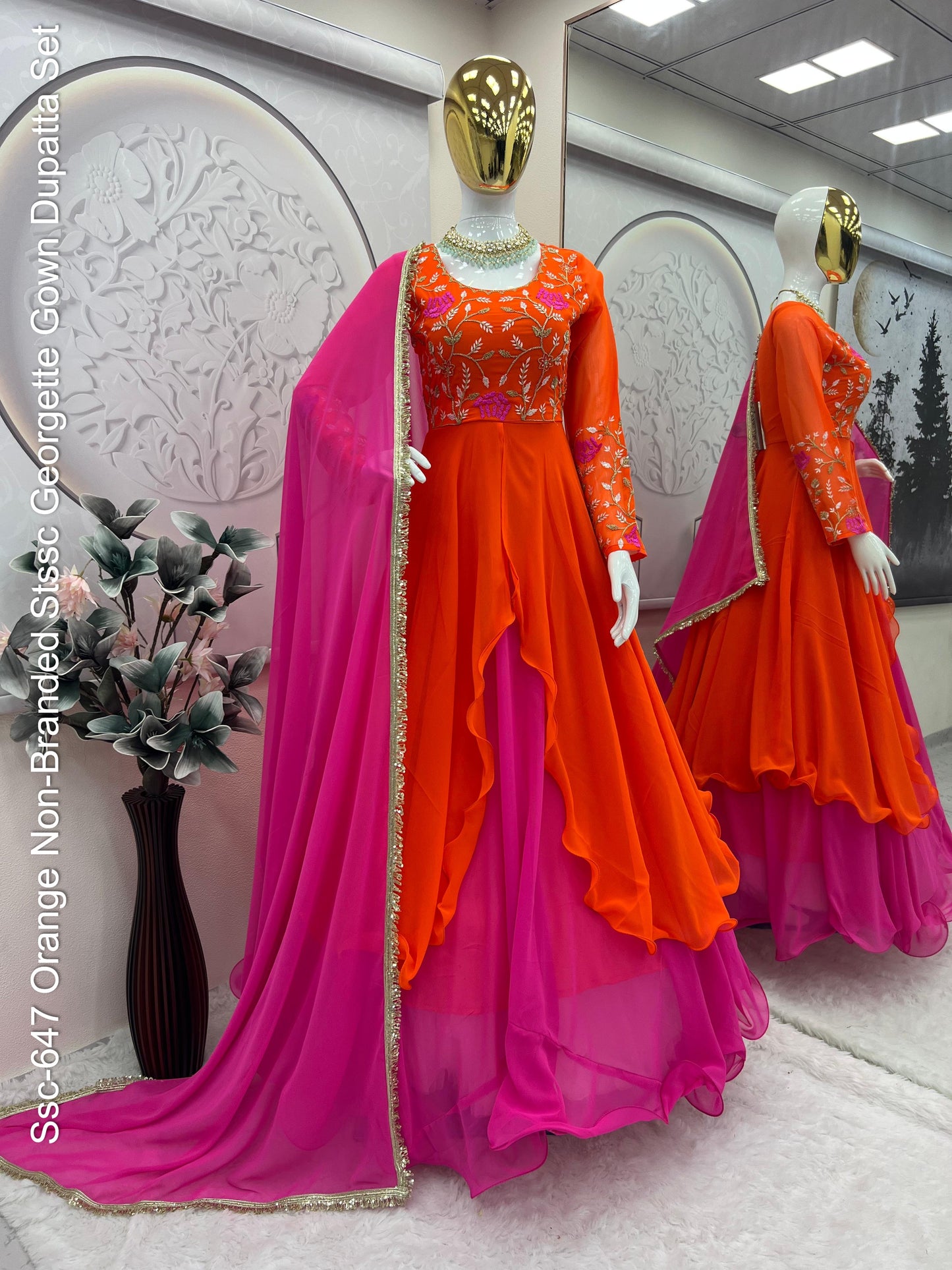 Ssc-647 Orange Non-Branded Stssc Georgette Gown Dupatta Set