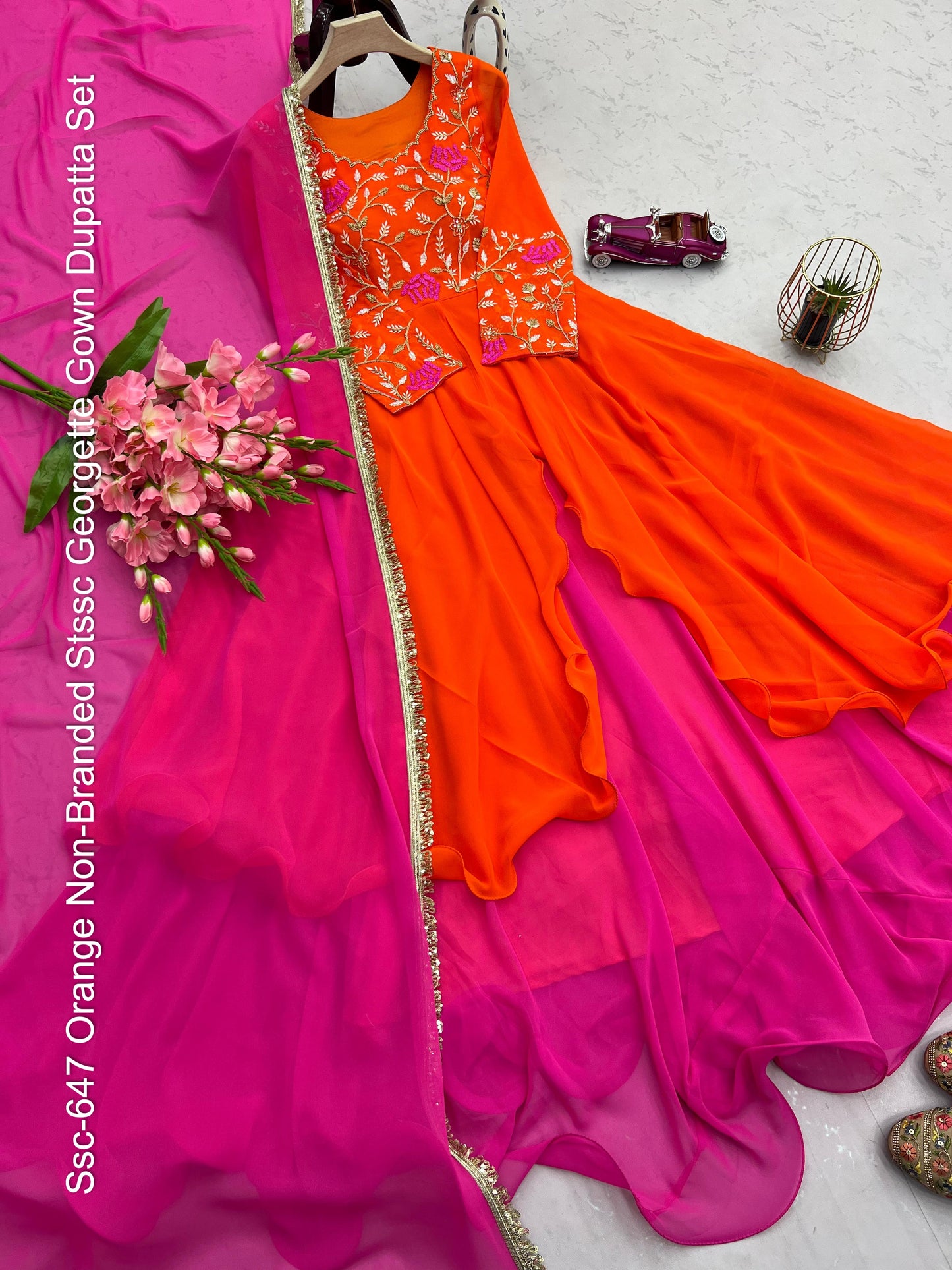 Ssc-647 Orange Non-Branded Stssc Georgette Gown Dupatta Set