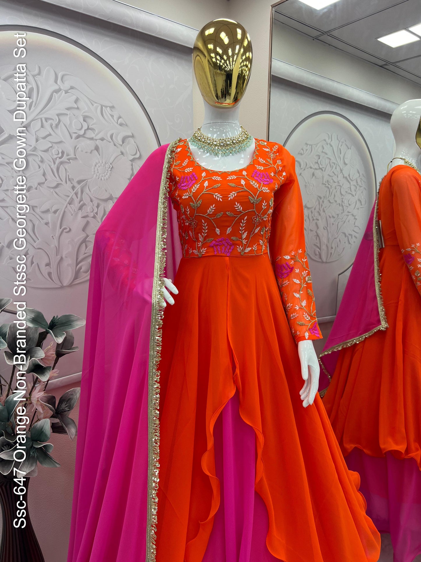 Ssc-647 Orange Non-Branded Stssc Georgette Gown Dupatta Set