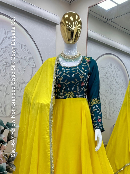 Ssc -647 Yellow Non-Branded Stssc Silk Gown Dupatta Set