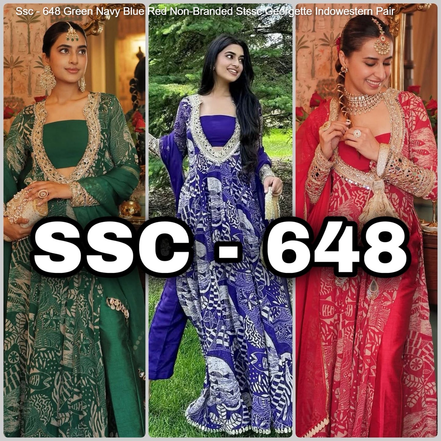 Ssc - 648 Green Navy Blue Red Non-Branded Stssc Georgette Indowestern Pair