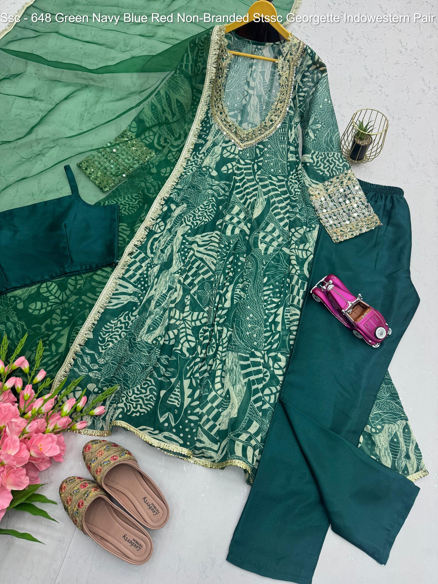 Ssc - 648 Green Navy Blue Red Non-Branded Stssc Georgette Indowestern Pair