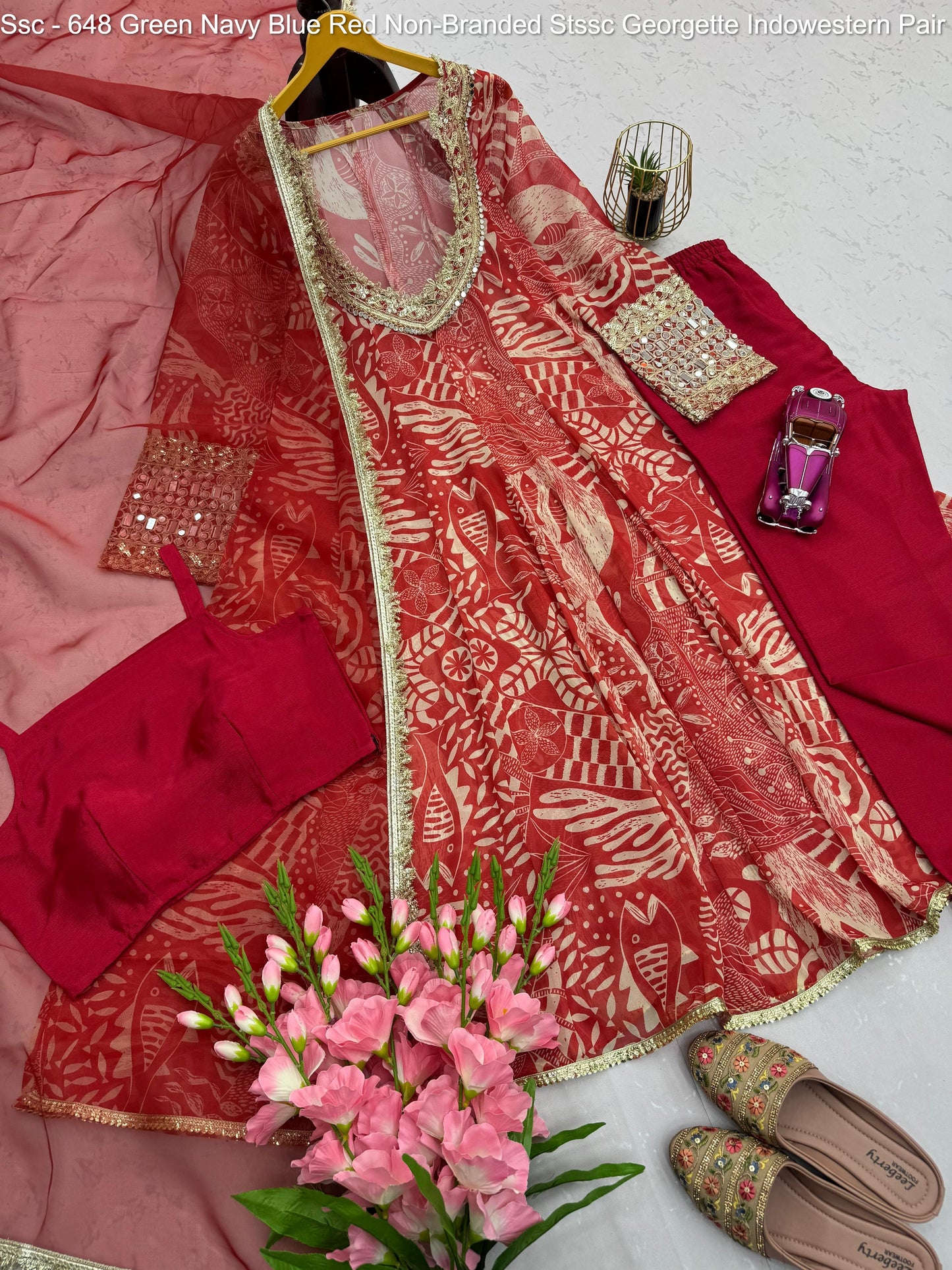 Ssc - 648 Green Navy Blue Red Non-Branded Stssc Georgette Indowestern Pair