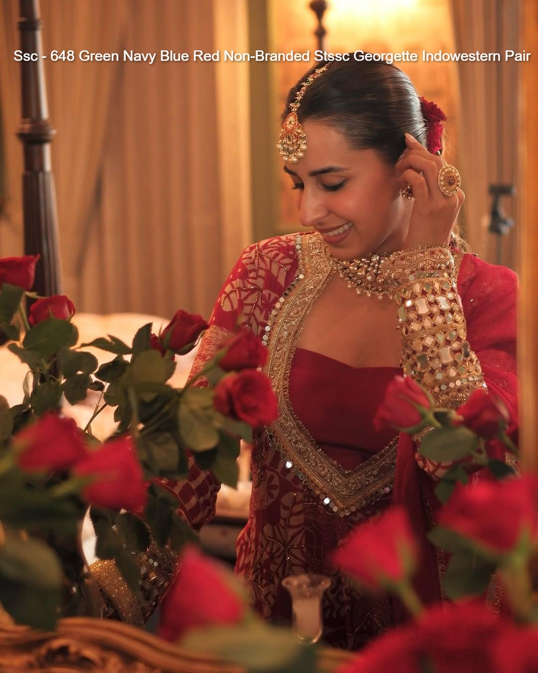 Ssc - 648 Green Navy Blue Red Non-Branded Stssc Georgette Indowestern Pair