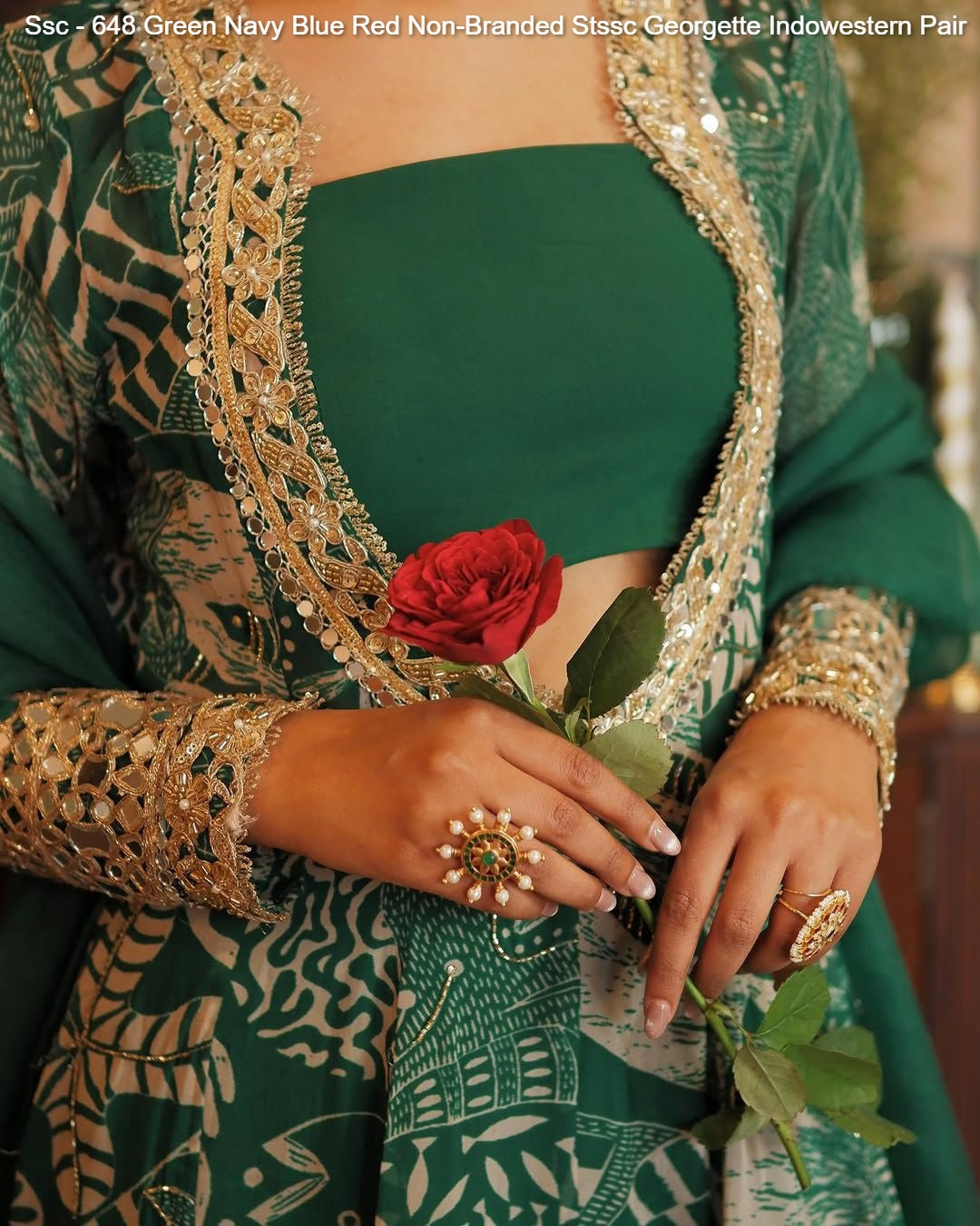 Ssc - 648 Green Navy Blue Red Non-Branded Stssc Georgette Indowestern Pair