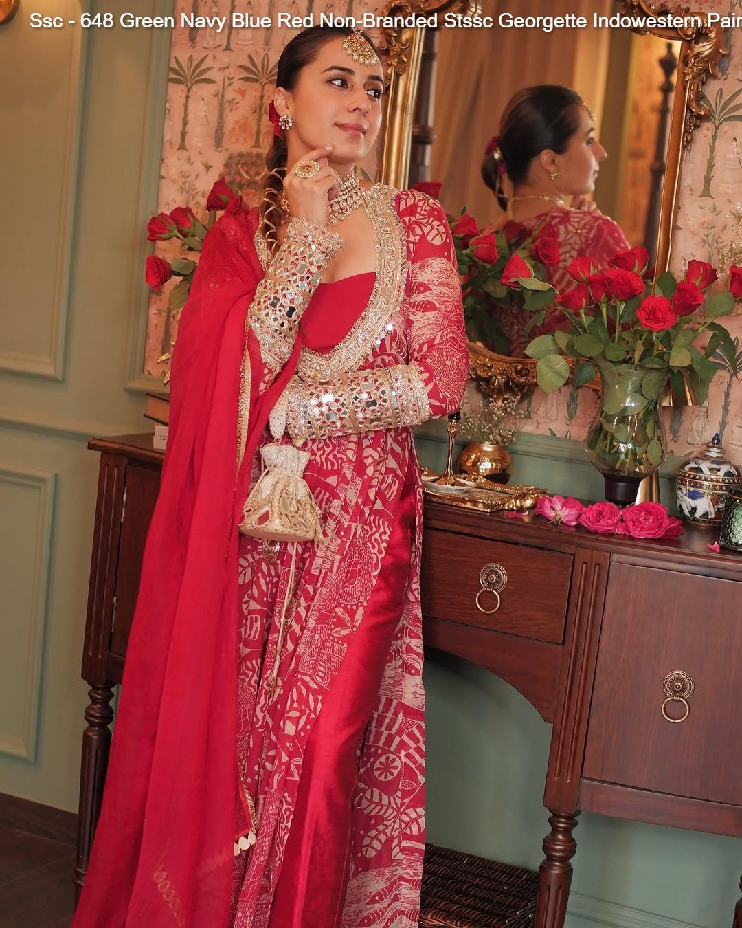 Ssc - 648 Green Navy Blue Red Non-Branded Stssc Georgette Indowestern Pair