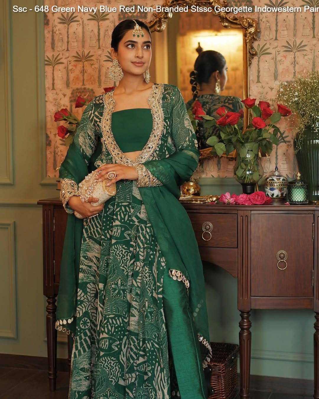 Ssc - 648 Green Navy Blue Red Non-Branded Stssc Georgette Indowestern Pair