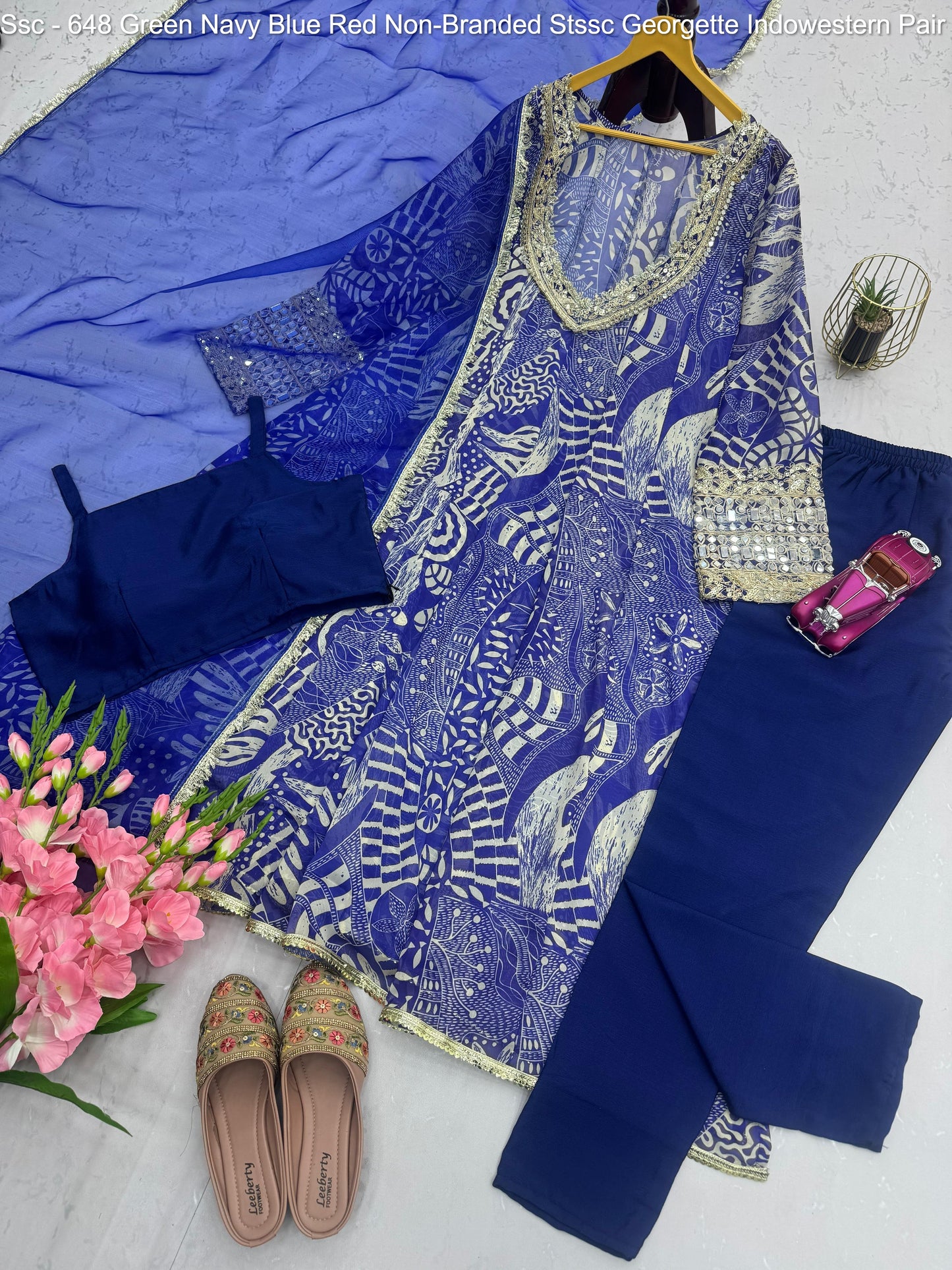 Ssc - 648 Green Navy Blue Red Non-Branded Stssc Georgette Indowestern Pair