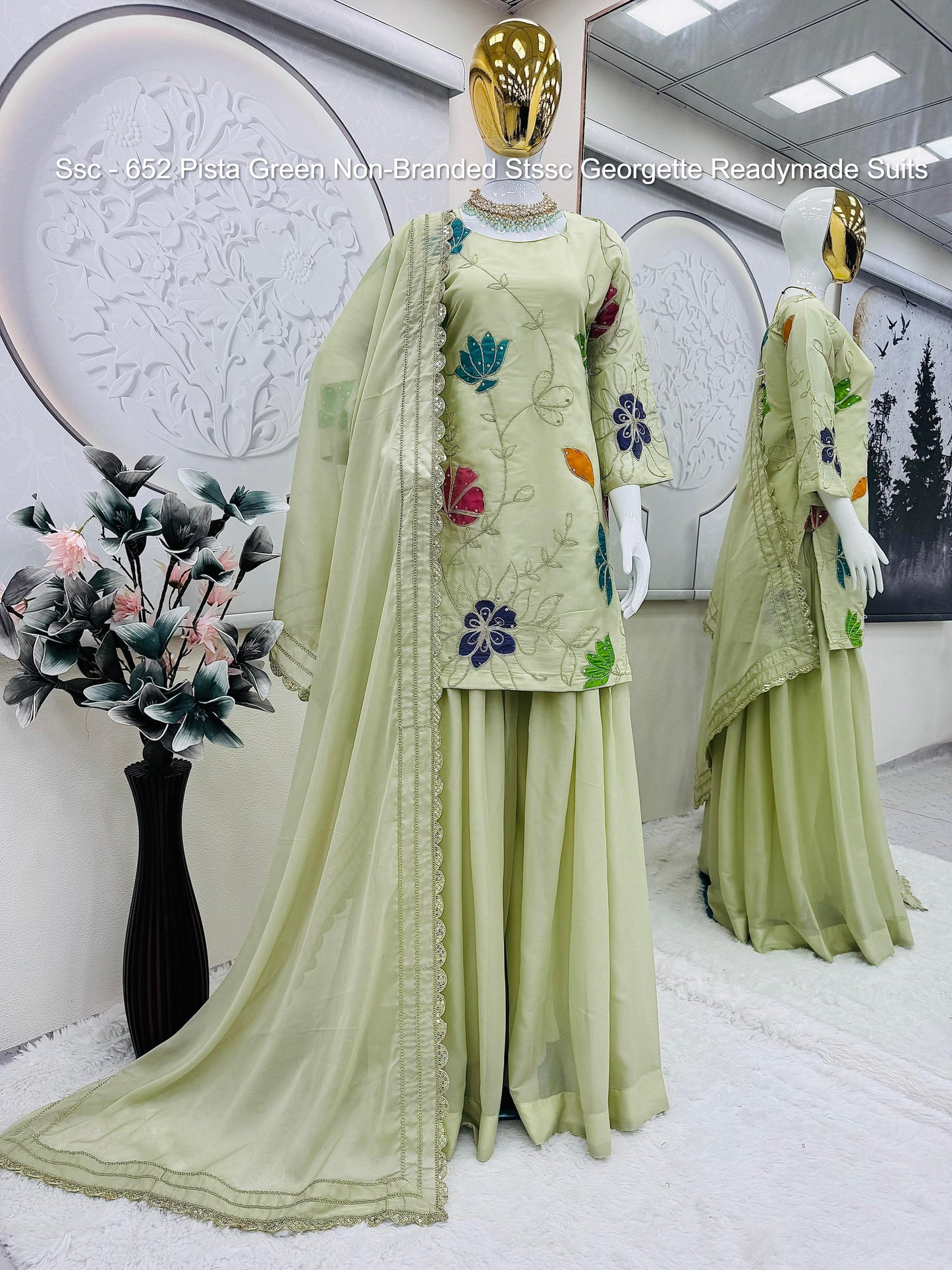 Ssc - 652 Pista Green Non-Branded Stssc Georgette Readymade Suits