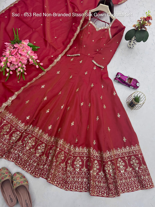 Ssc - 653 Red Non-Branded Stssc Silk Gown Dupatta Set