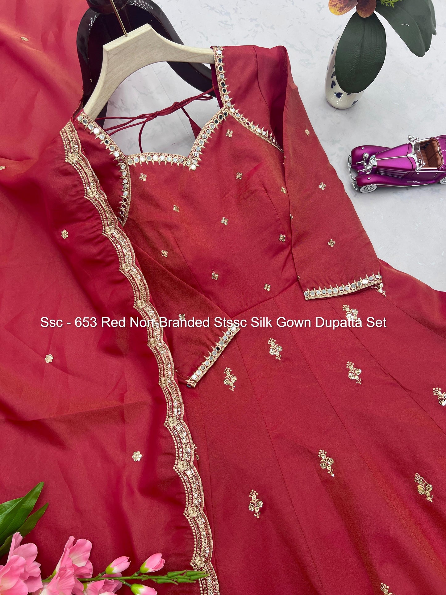 Ssc - 653 Red Non-Branded Stssc Silk Gown Dupatta Set