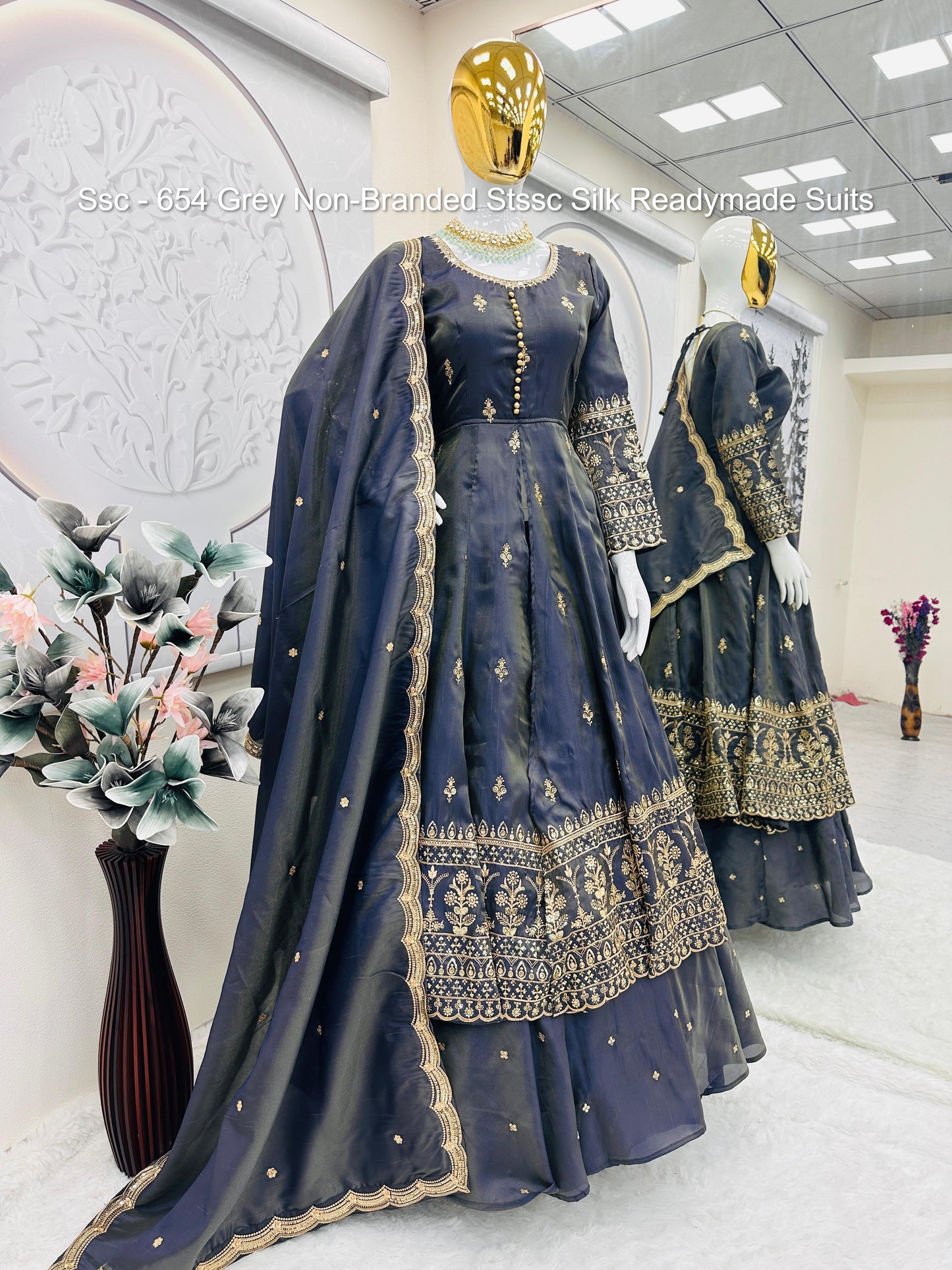 Ssc - 654 Grey Non-Branded Stssc Silk Readymade Suits
