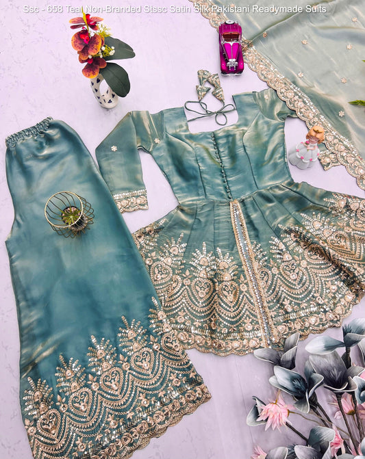 Ssc - 658 Teal Non-Branded Stssc Satin Silk Pakistani Readymade Suits