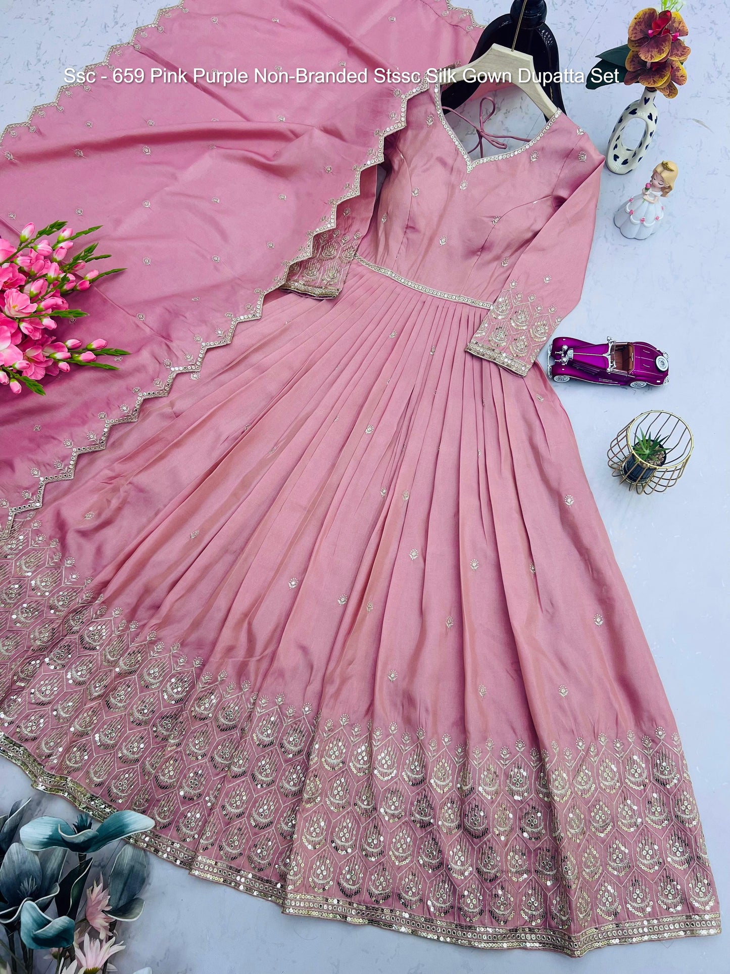 Ssc - 659 Pink Purple Non-Branded Stssc Silk Gown Dupatta Set