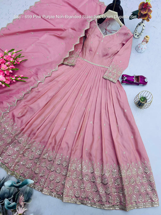 Ssc - 659 Pink Purple Non-Branded Stssc Silk Gown Dupatta Set